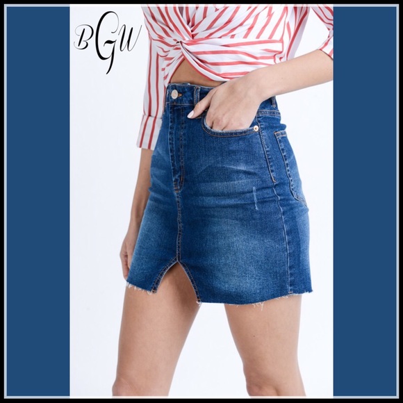 🌺🆕High Waisted Denim Skirt Frayed Hem - Picture 3 of 7